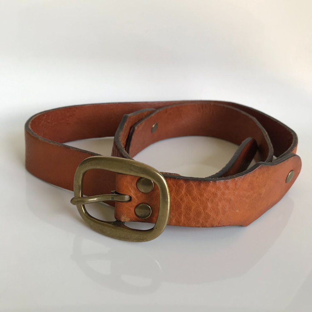 Genuine cognac leather brass belt large